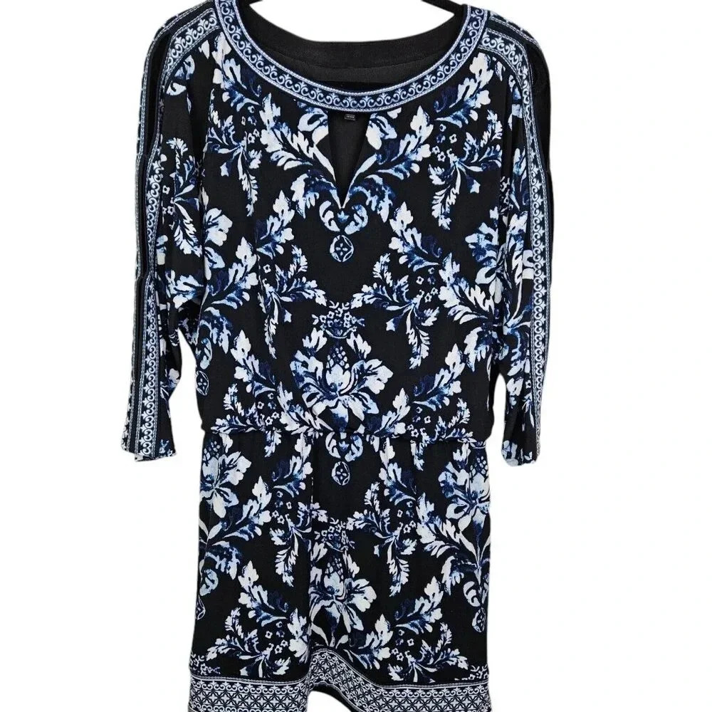 White House Black Market Blue Floral 3/4 Slit Sleeve Blouson Dress Size Medium